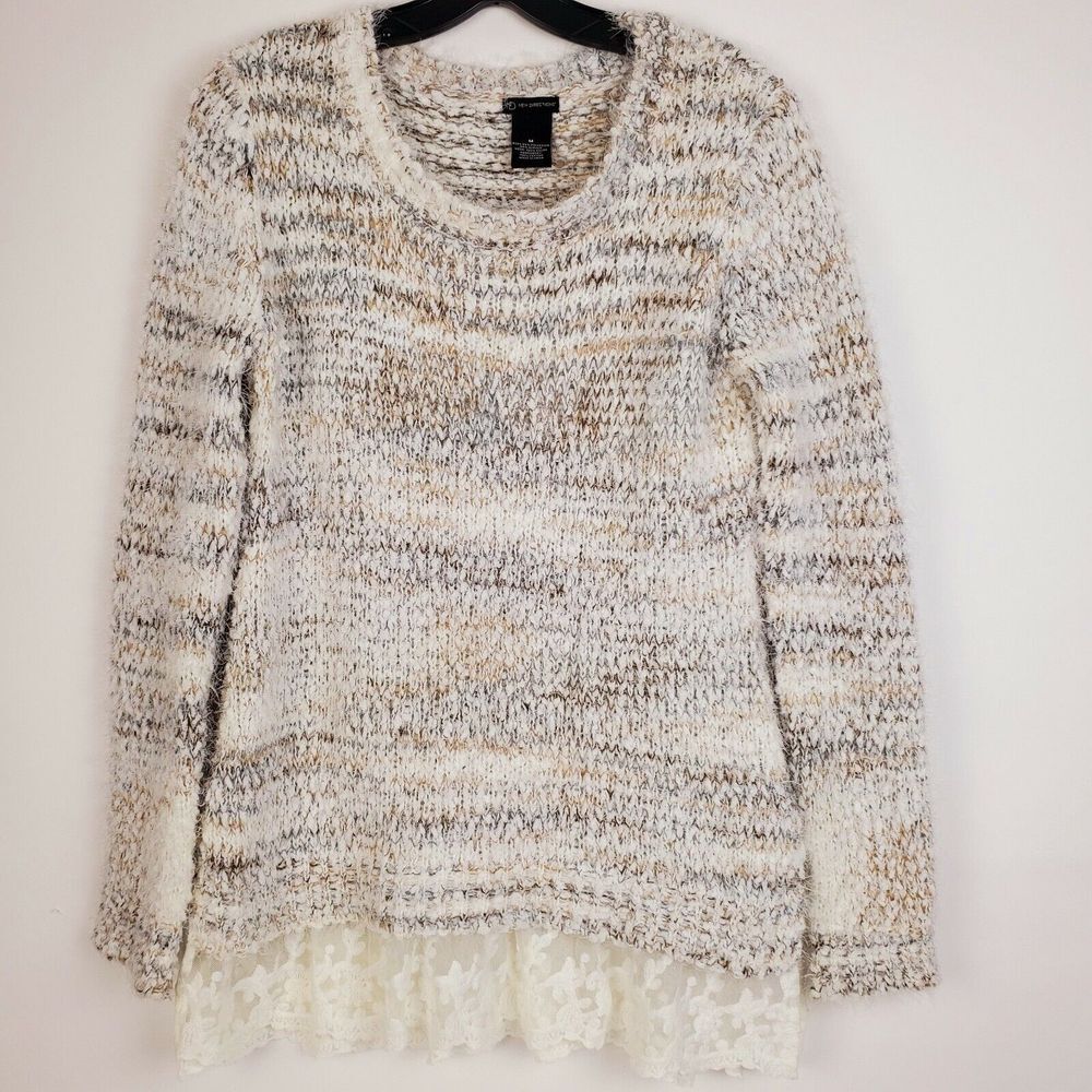 New Directions Women's Beige Lace Trim Sweater Tunic Soft Cozy Size‎ M